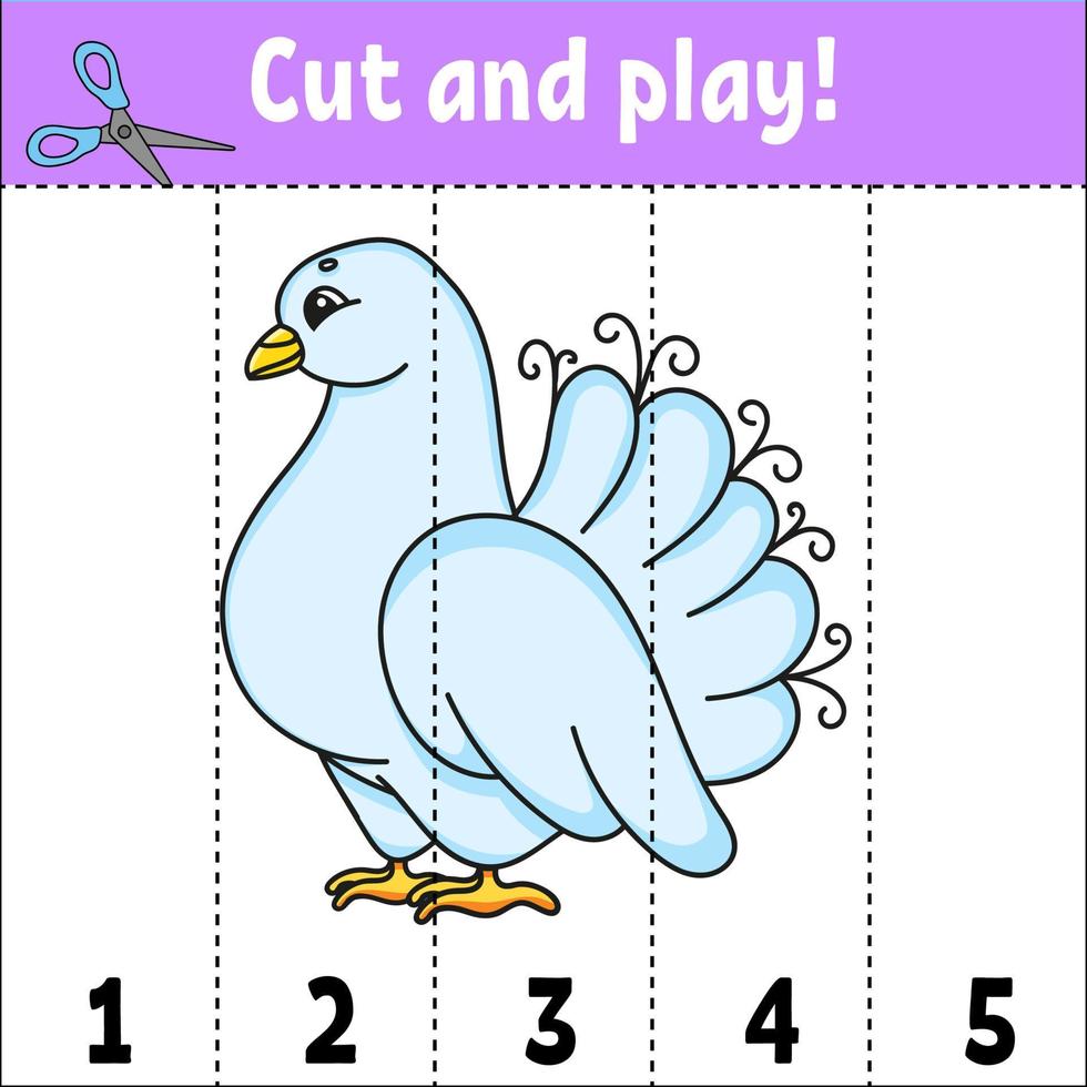 Learning numbers 1-5. Cut and play. Education worksheet. Game for kids. Color activity page. Puzzle for children. Riddle for preschool. Vector illustration. cartoon style.