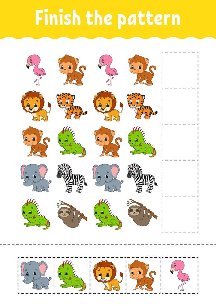 Finish the pattern. Cut and play. Education developing worksheet. Activity page. cartoon character. Vector illustration.