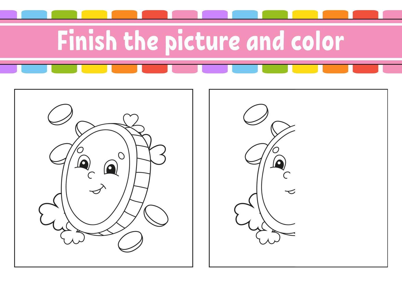 Finish the picture and color. cartoon character isolated on white background. For kids education. Activity worksheet. Vector illustration.