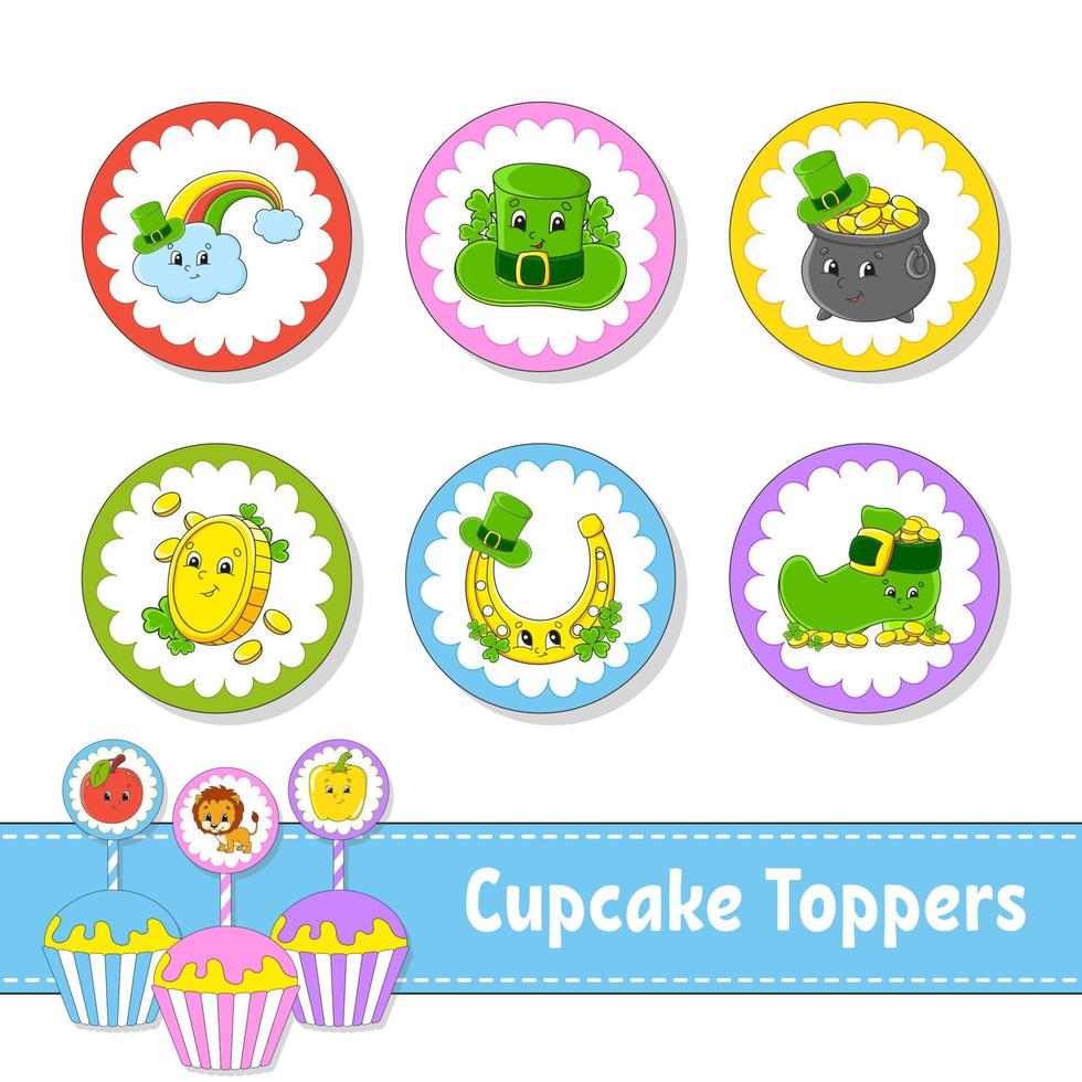 Cupcake Toppers. Set of six round pictures. cartoon characters. Cute image. For birthday, baby shower. Isolated on white background. Vector illustration.