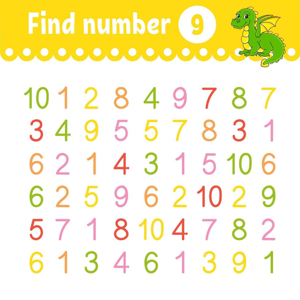 Find number. Education developing worksheet. Activity page with pictures. Game for children. Funny character. cartoon style. Vector illustration.