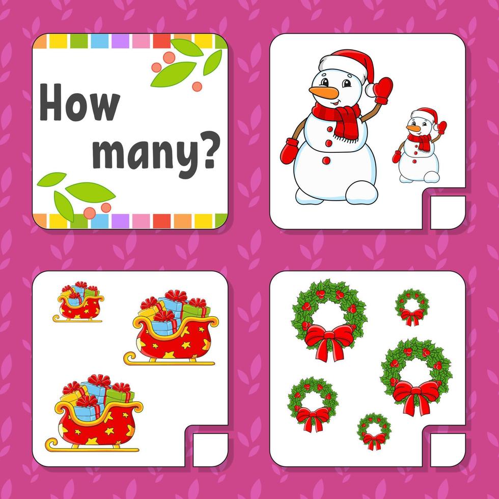 Counting game for children. Happy characters. Learning mathematics. How many object in the picture. Education worksheet. Christmas theme. Isolated vector illustration in cute cartoon style.