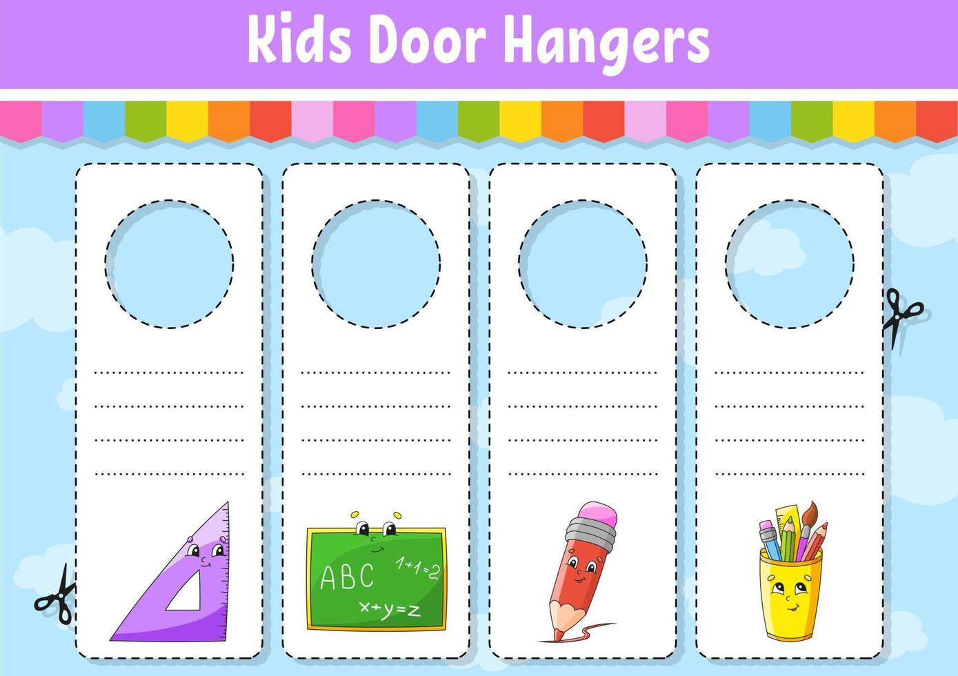 Door hangers. Cute cartoon characters. Sign printable. Kids style. On doorknobs. Tag template. Back to school theme. Vector illustration.