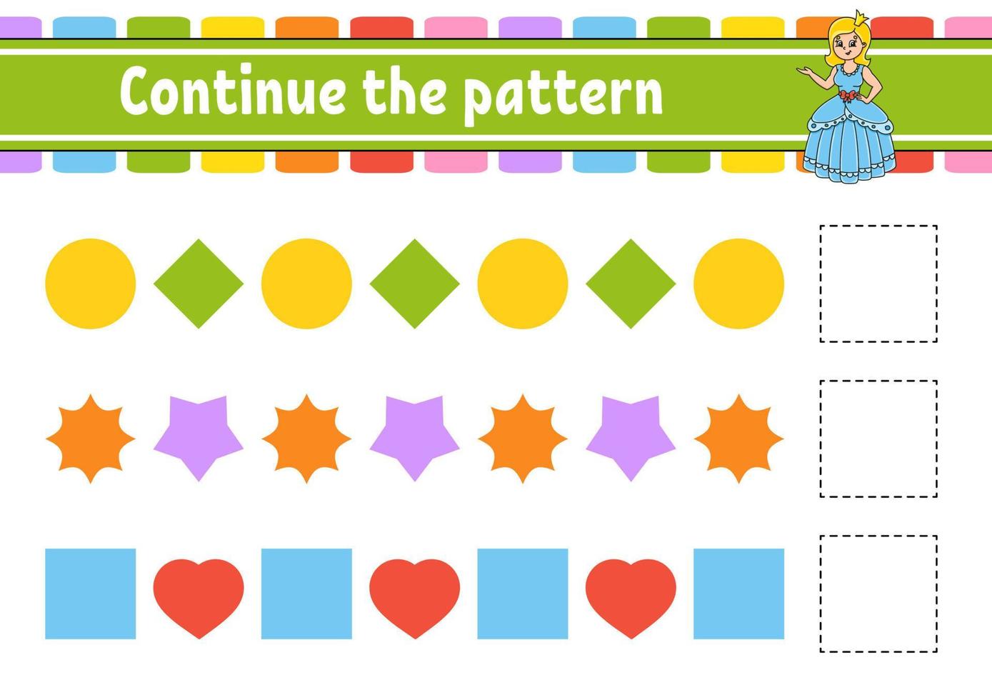 Continue the pattern. Education developing worksheet. Game for kids. Activity page. Puzzle for children. Riddle for preschool. Cute cartoon style. Vector illustration.