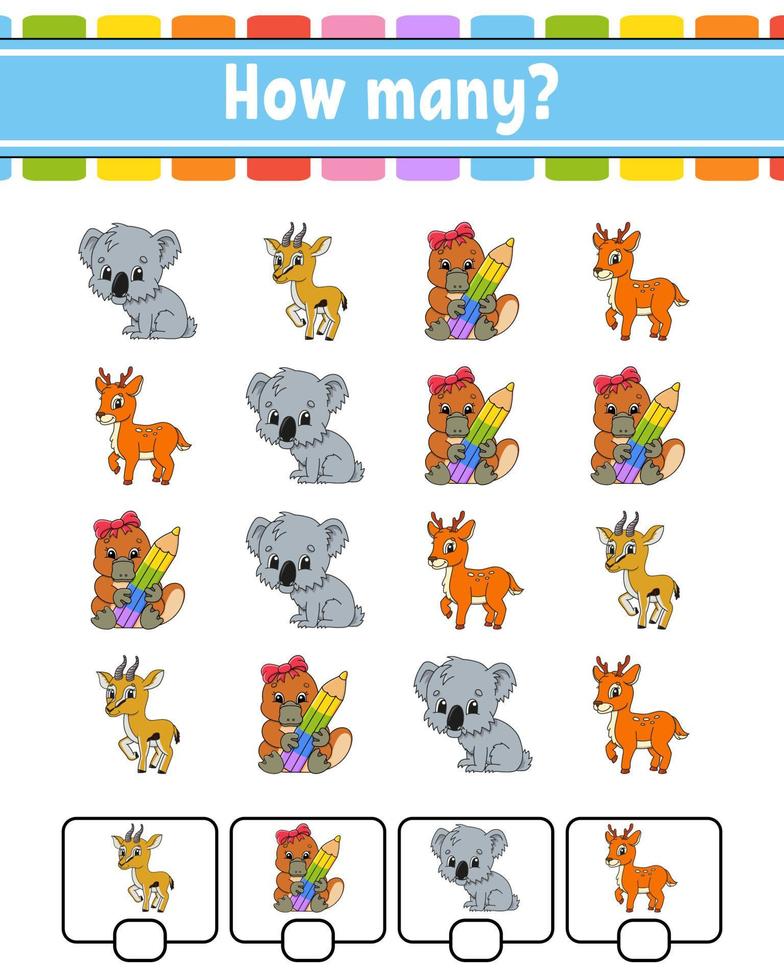 Counting game for children. Happy characters. Learning mathematics. How many object in the picture. Education worksheet. With space for answers. Vector illustration.