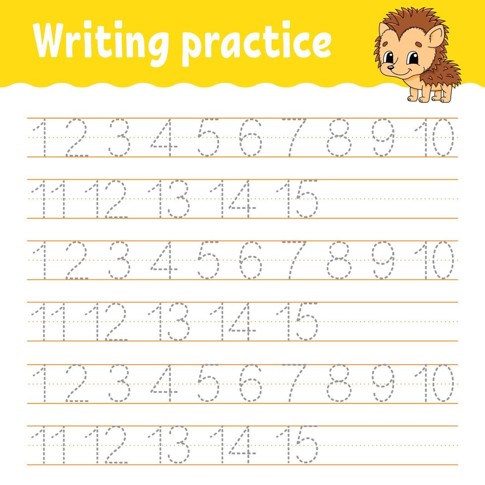 Learn Numbers. Trace and write. Handwriting practice. Learning numbers for kids. Education developing worksheet. Color activity page. Vector illustration.