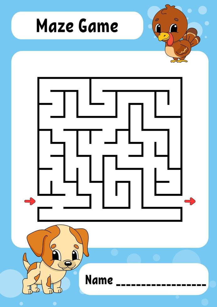 Square maze. Game for kids. Funny labyrinth. Education developing worksheet. Activity page. Puzzle for children. cartoon style. Riddle for preschool. Logical conundrum. Vector illustration.