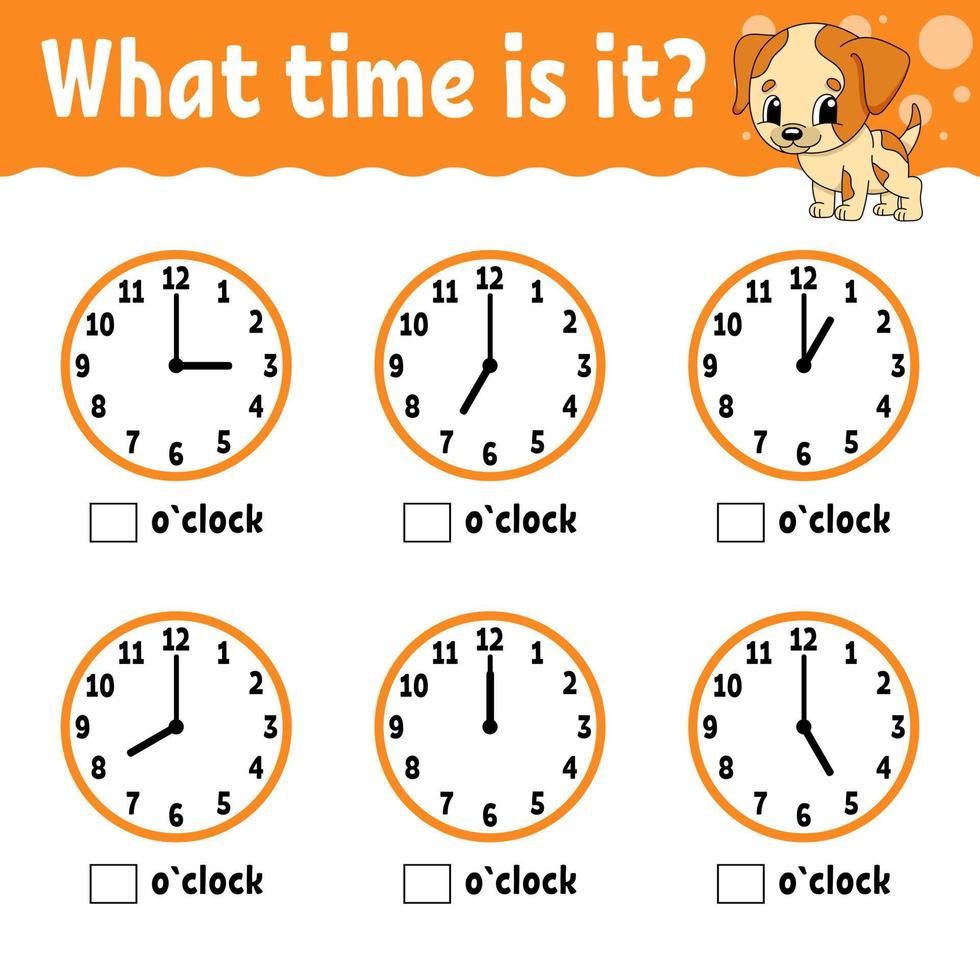Learning time on the clock. Educational activity worksheet for kids and toddlers. Game for children. Simple flat isolated color vector illustration in cute cartoon style. Vector illustration.