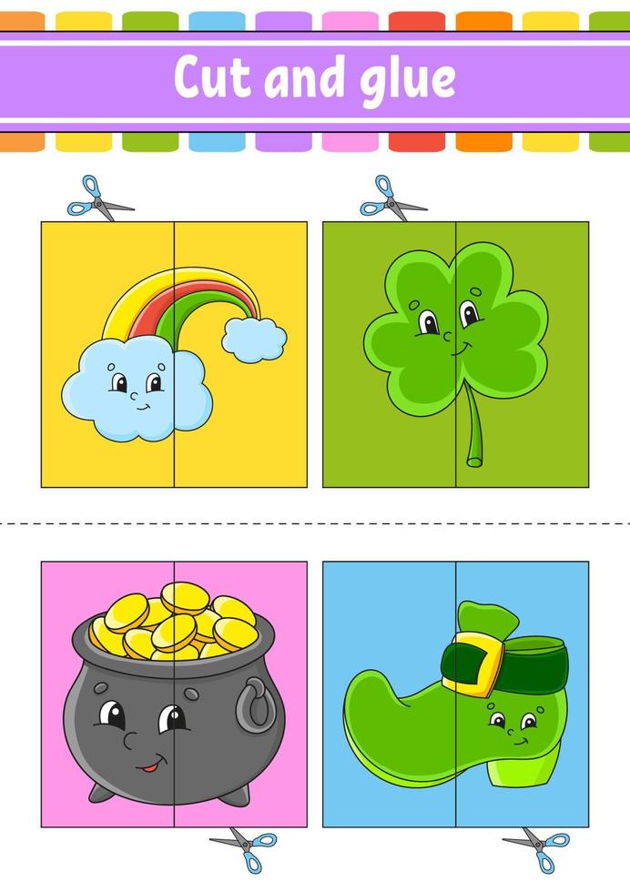 Cut and play. Paper game with glue. Flash cards. Education worksheet. Activity page. St. Patrick's Day. Isolated vector illustration. cartoon style.