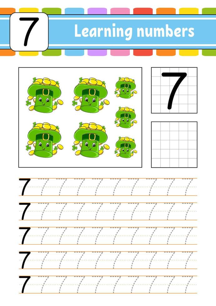 Trace and write numbers. Handwriting practice. Learning numbers for kids. Education developing worksheet. Activity page. Vector illustration.