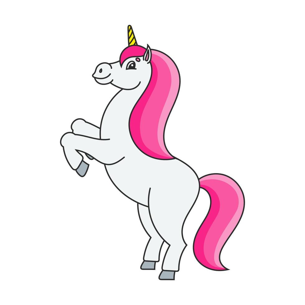 The magical unicorn reared up. The animal horse stands on its hind legs. Cartoon style. Simple flat vector illustration.