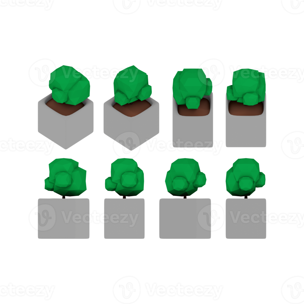 3d representación de sencillo pequeño verde planta con gris maceta de ortográfico ver y varios lados png