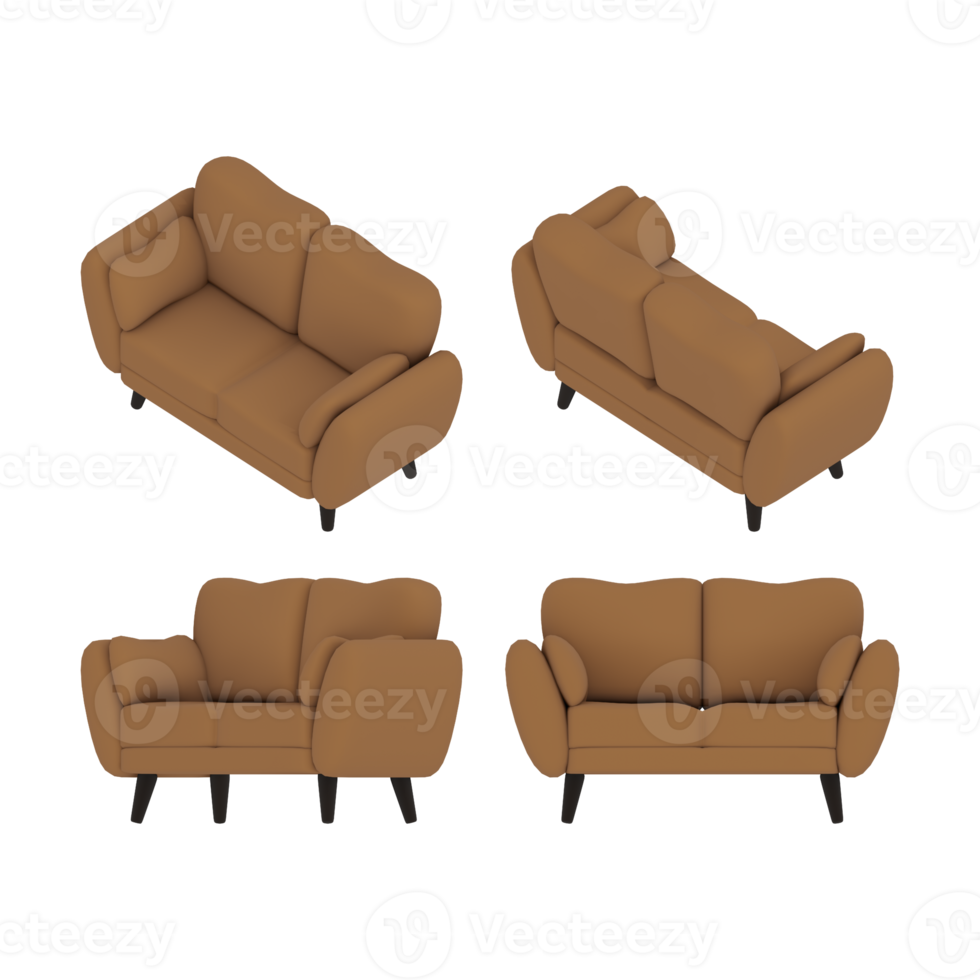 3d rendering of a simple brown sofa from various sides of the orthographic top view png