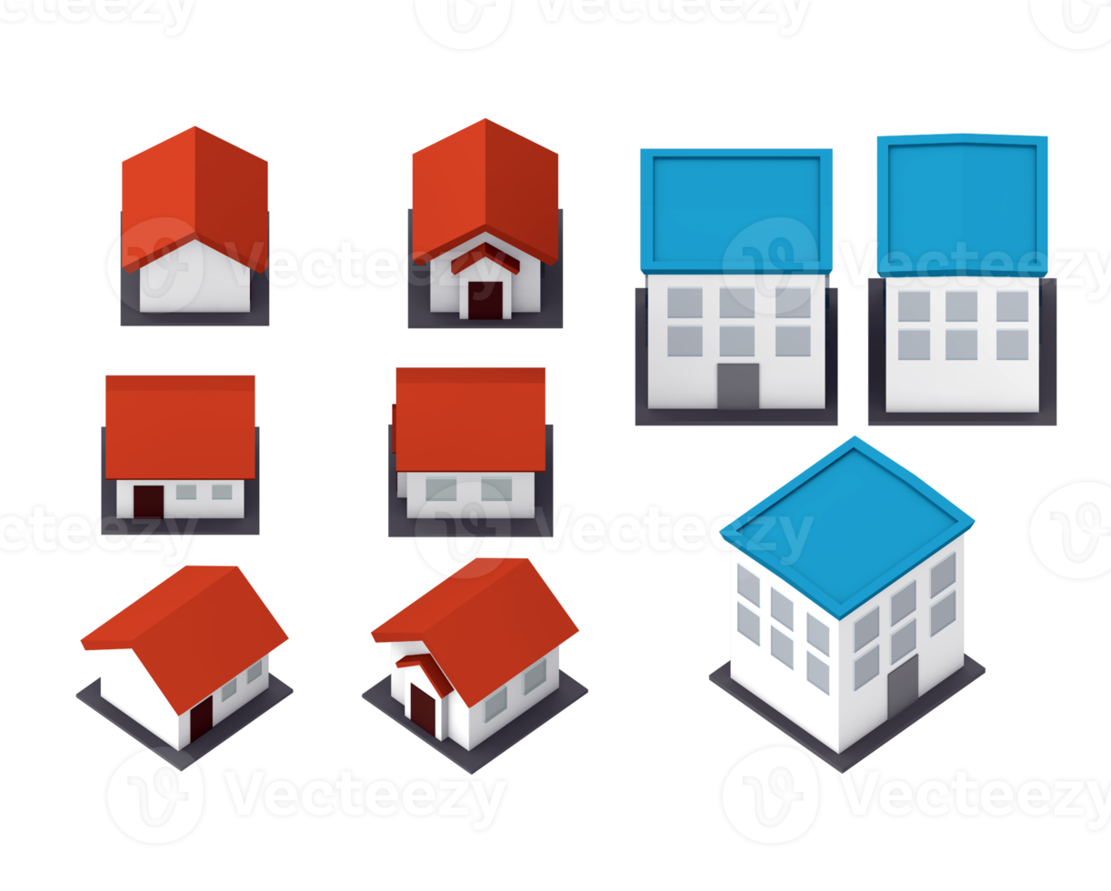 3d rendering of simple low poly houses and buildings with several orthographic views png