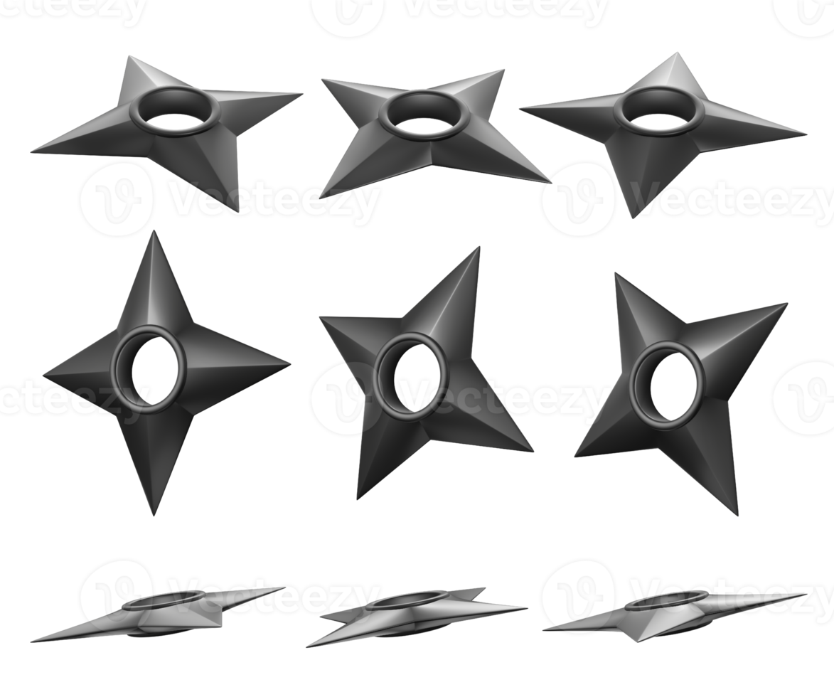 3d tolkning av sekventiell shuriken vapen från perspektiv se png