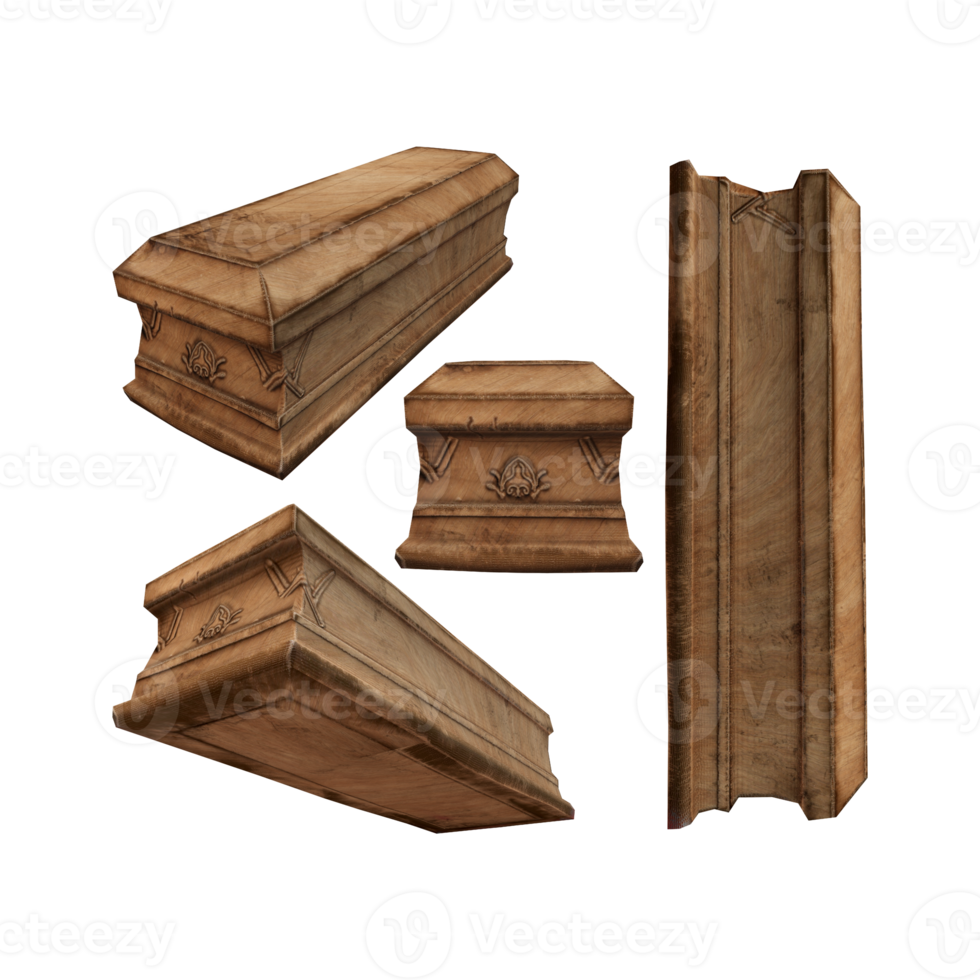 3d rendering of dusty and dirty old brown wooden coffin box from perspective view png