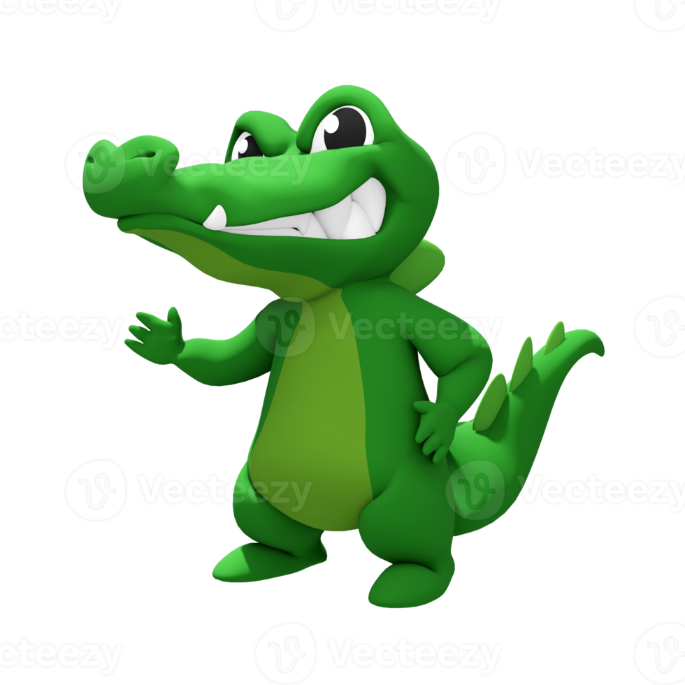 3d rendering of cute crocodile mascot character greeting and looking at the viewer png