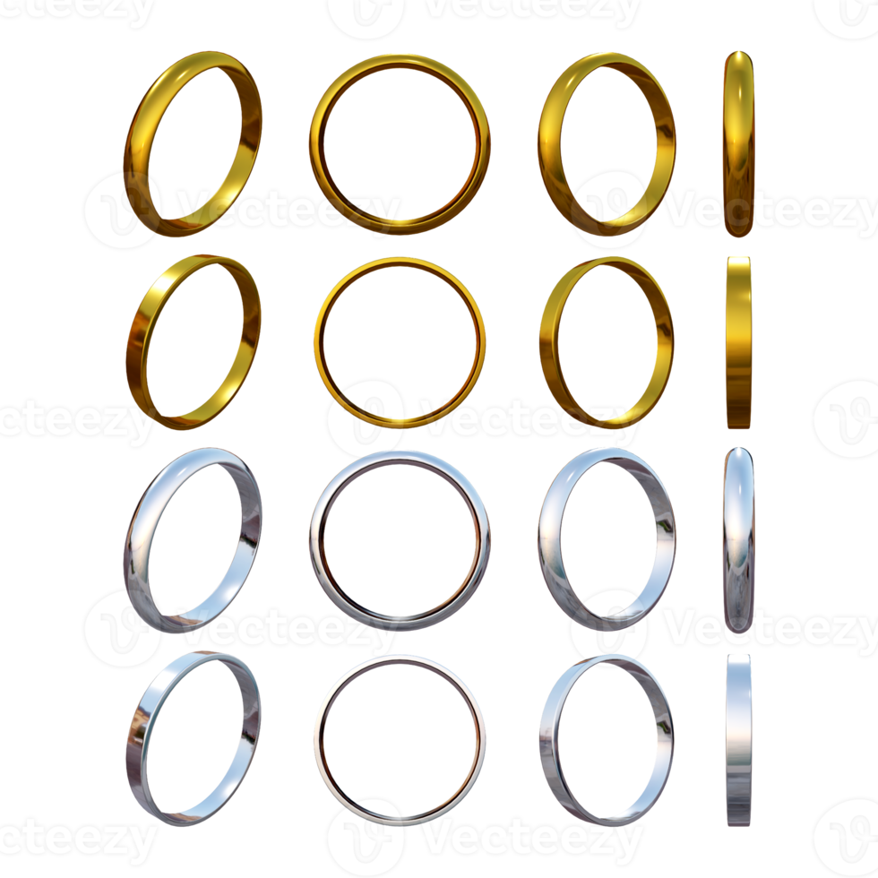 3d rendering of plain gold and silver ring sprite sequences from various view perspective png