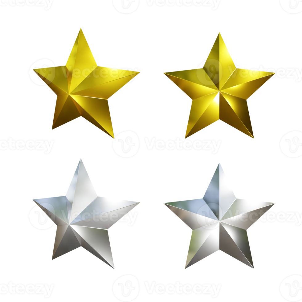 3d rendering of shiny golden white silver yellow stars shining from various perspectives png