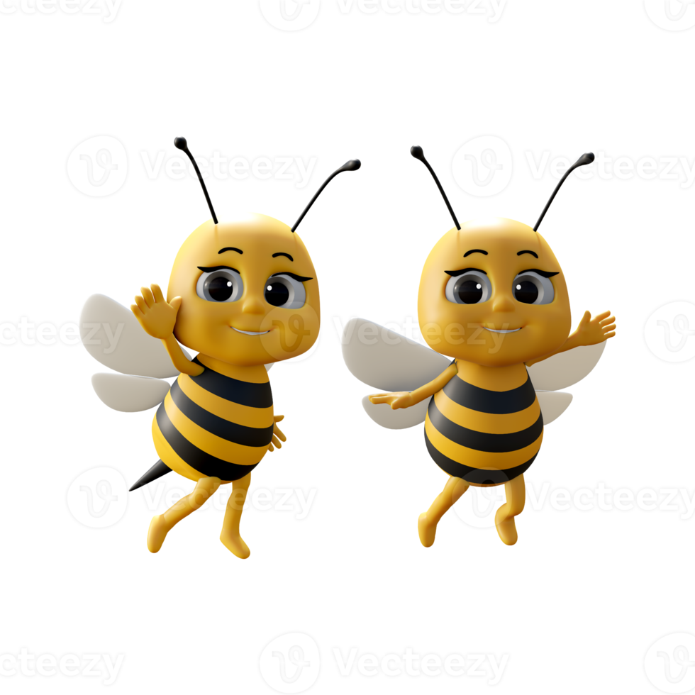 3d rendering cute bee character happy black yellow color looking at camera angle png