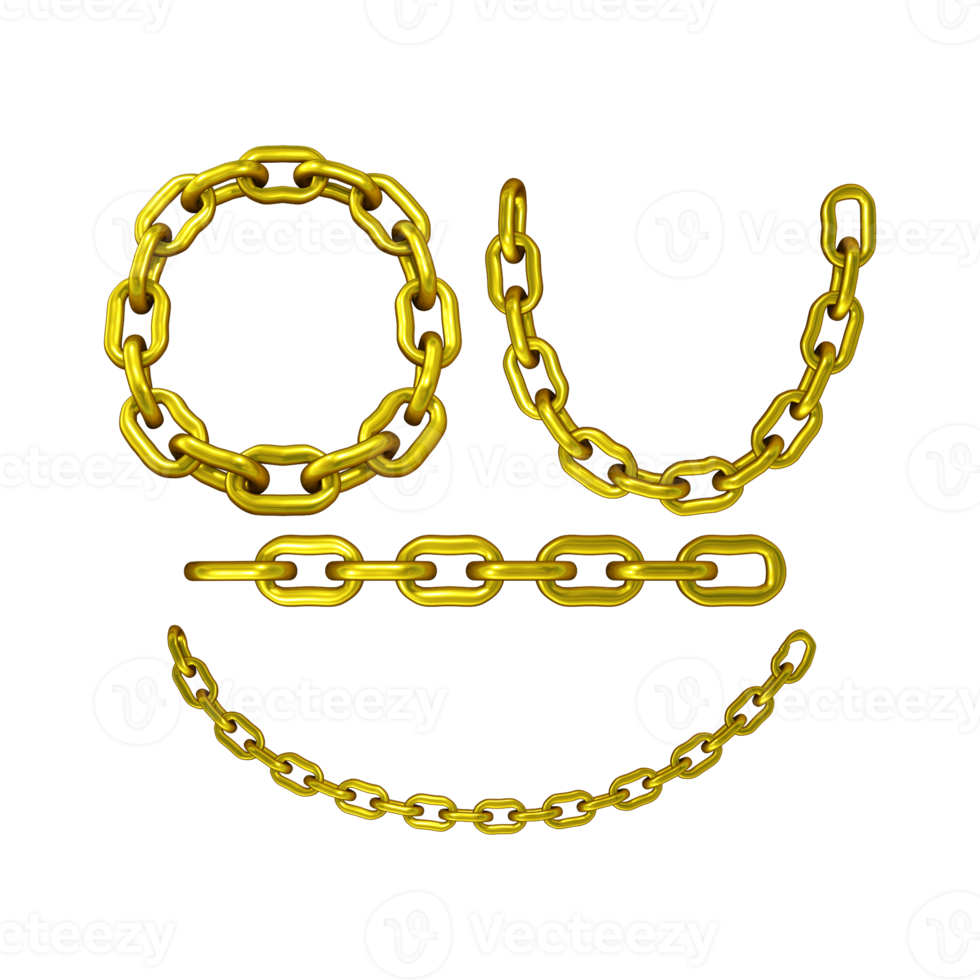 3d rendering of clean gold chain template with various shapes in perspective view png