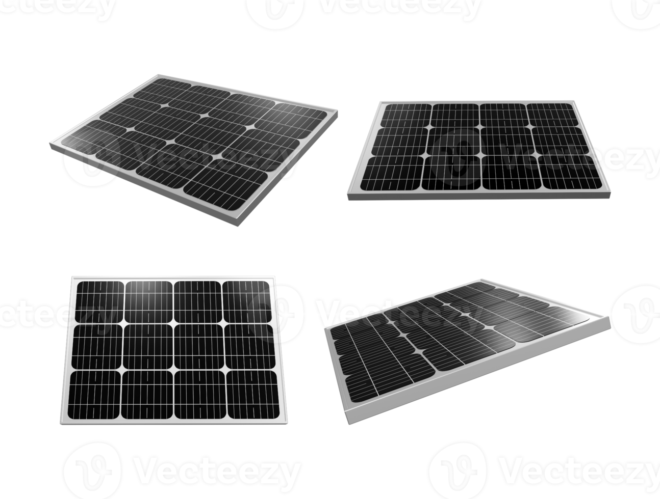 3d rendering of small shiny solar panels from various perspectives png