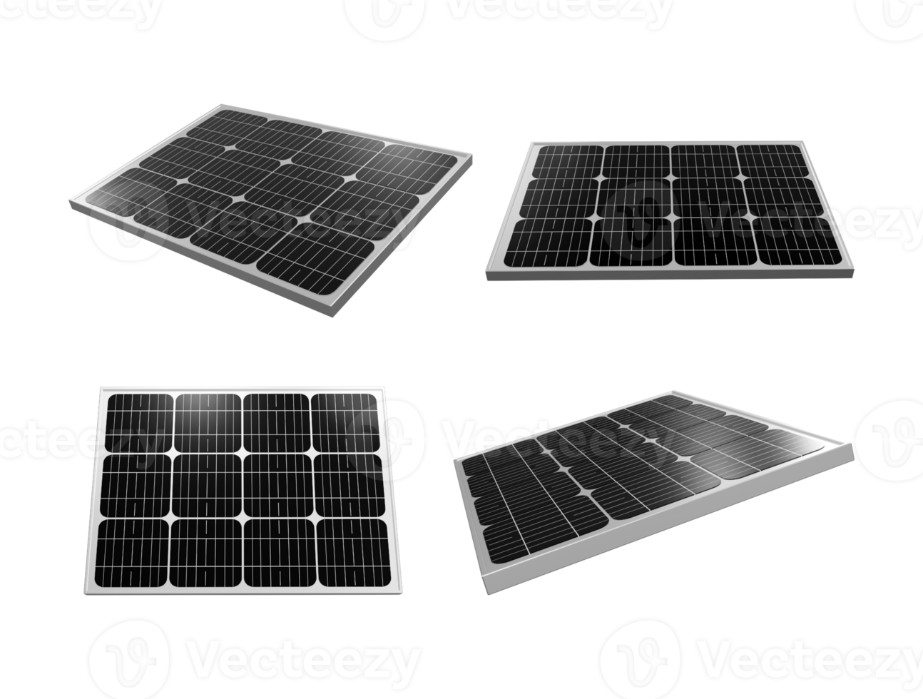 3d tolkning av små skinande sol- paneler från olika perspektiv png