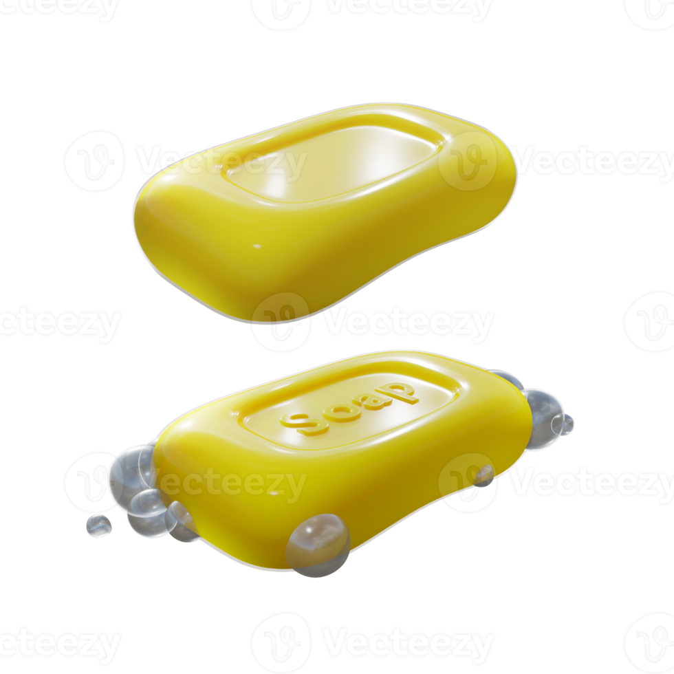 3d rendering of yellow clean bar soap with and without foam bubble perspective view angle png