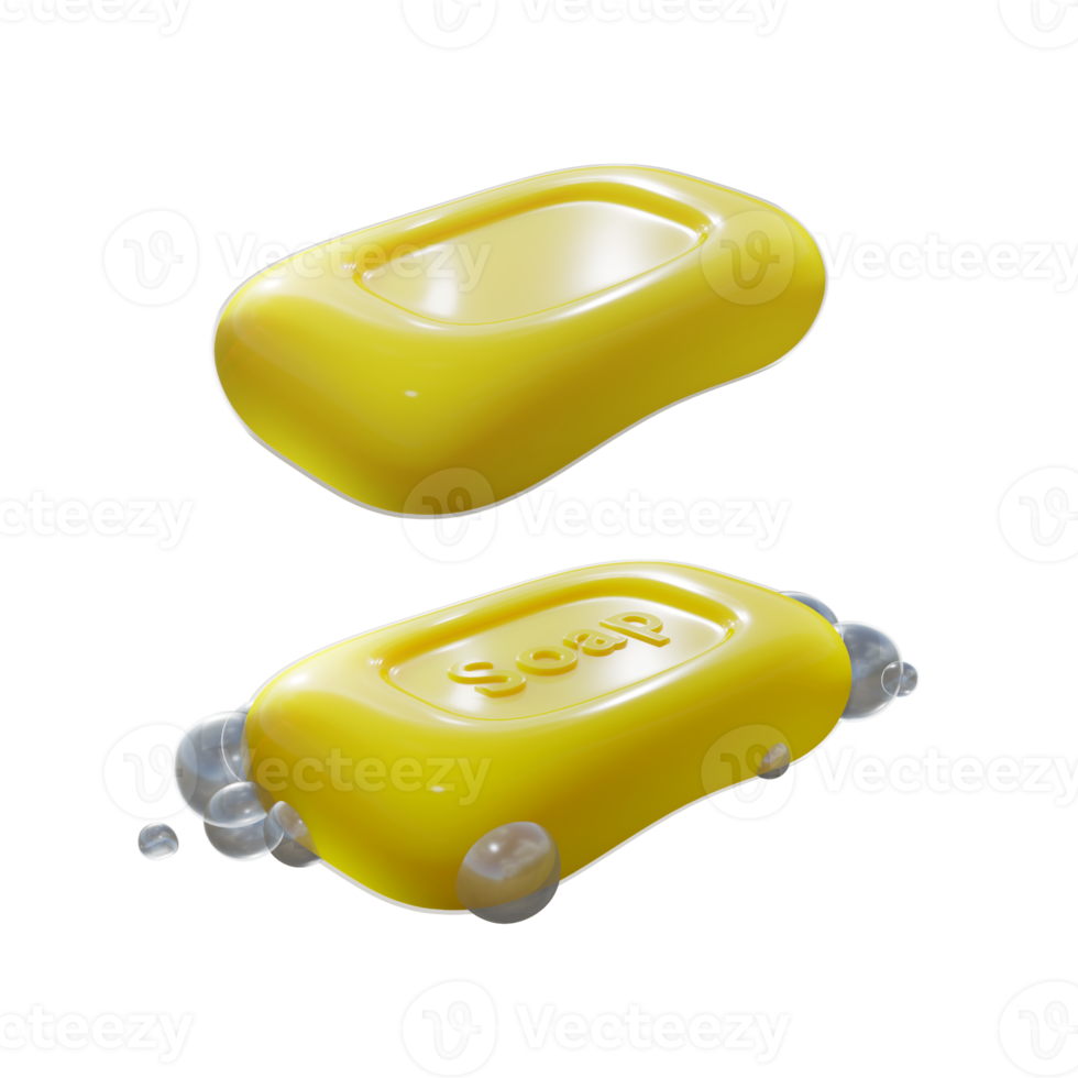 3d representación de amarillo limpiar bar jabón con y sin espuma burbuja perspectiva ver ángulo png