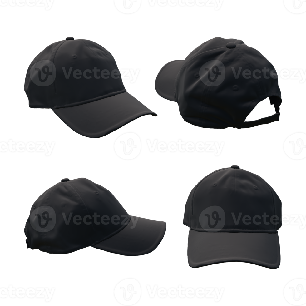 3d rendering of black cap hat template from various angles of perspective view png