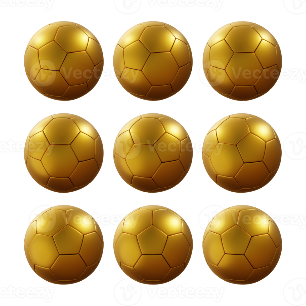 3d Renderização sequencial dourado futebol bola rotativo perspectiva Visão png