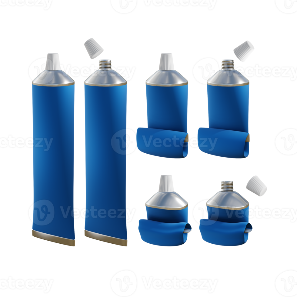 3d interpretazione di pasta bottiglia impostato pieno e vuoto dipingere contenitore dentifricio prospettiva Visualizza angolo png