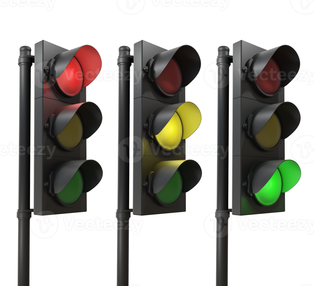 3d renderen van verkeer lichten rood geel groen laag hoek visie perspectief png