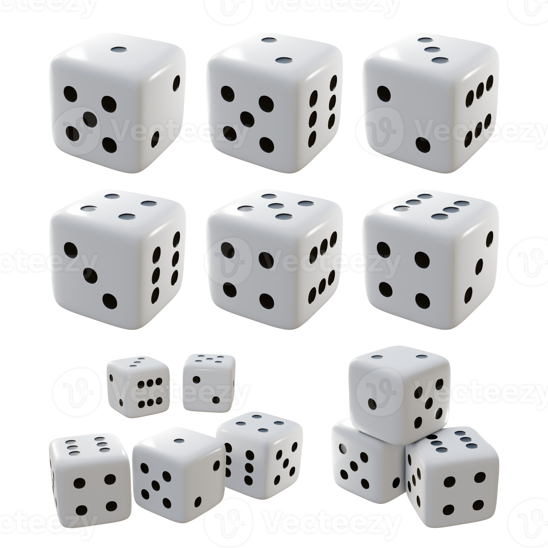 3d rendering of black and white dice from multiple perspective view