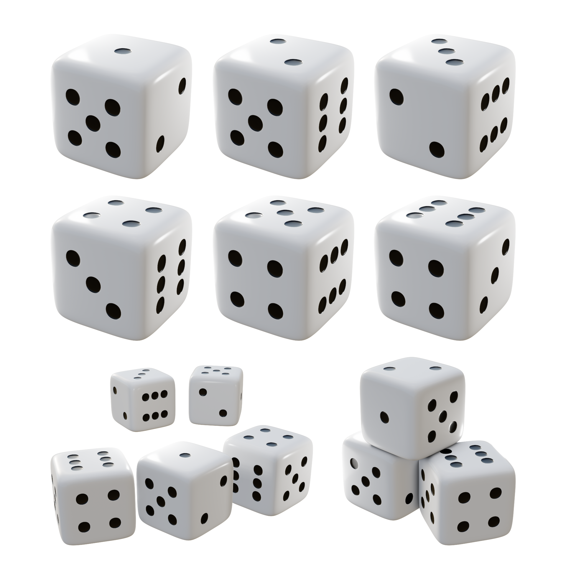 3d rendering of black and white dice from multiple perspective view