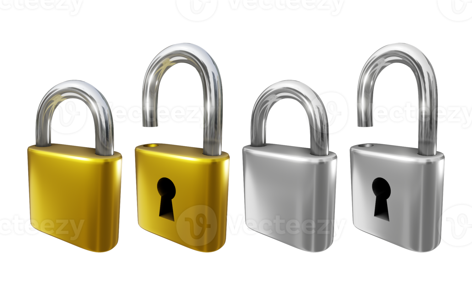 3d rendering of gold and silver padlocks locked and unlocked from perspective view angle png