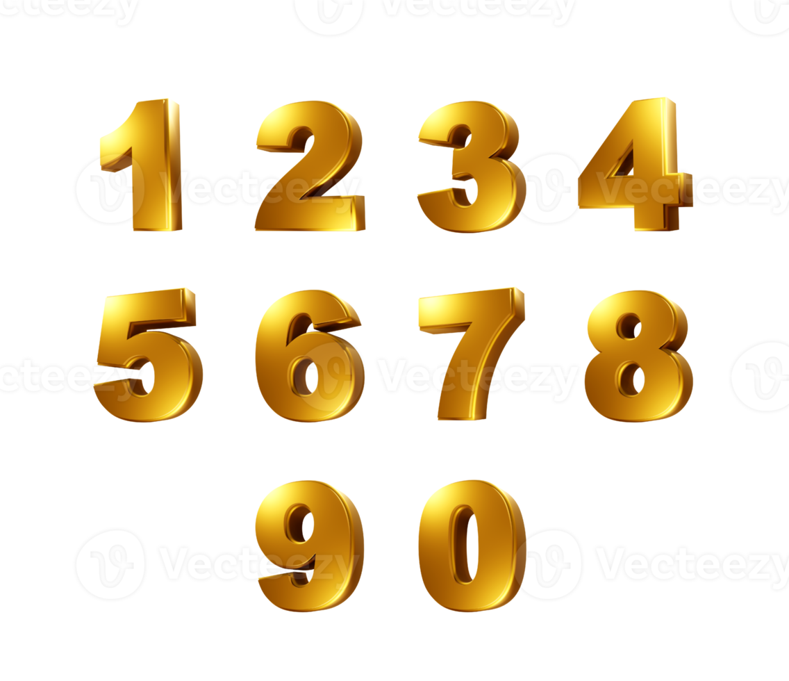 3d rendering gold number one two three four five six seven eight nine zero shiny metallic png