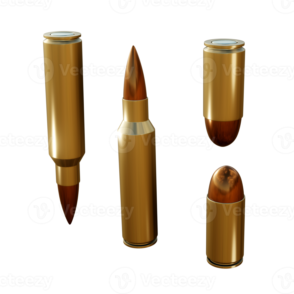 3d rendering of shiny metallic bronze long and short bullets top and bottom view png