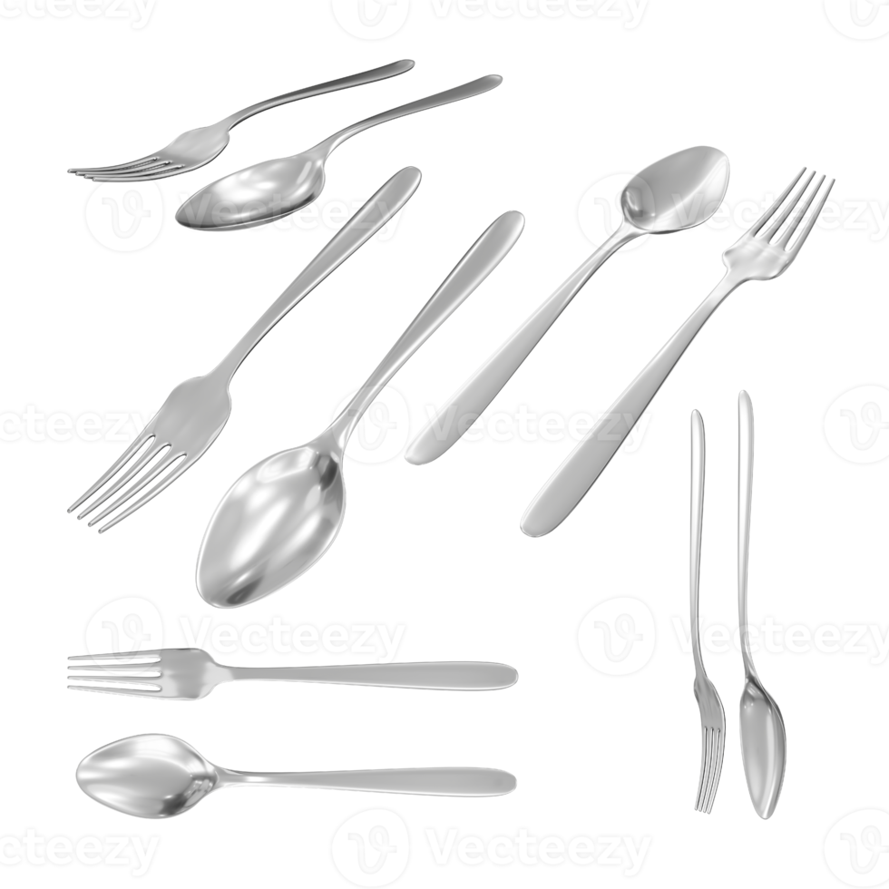 3d rendering of clean and shiny silver iron spoon and fork from various perspective view png