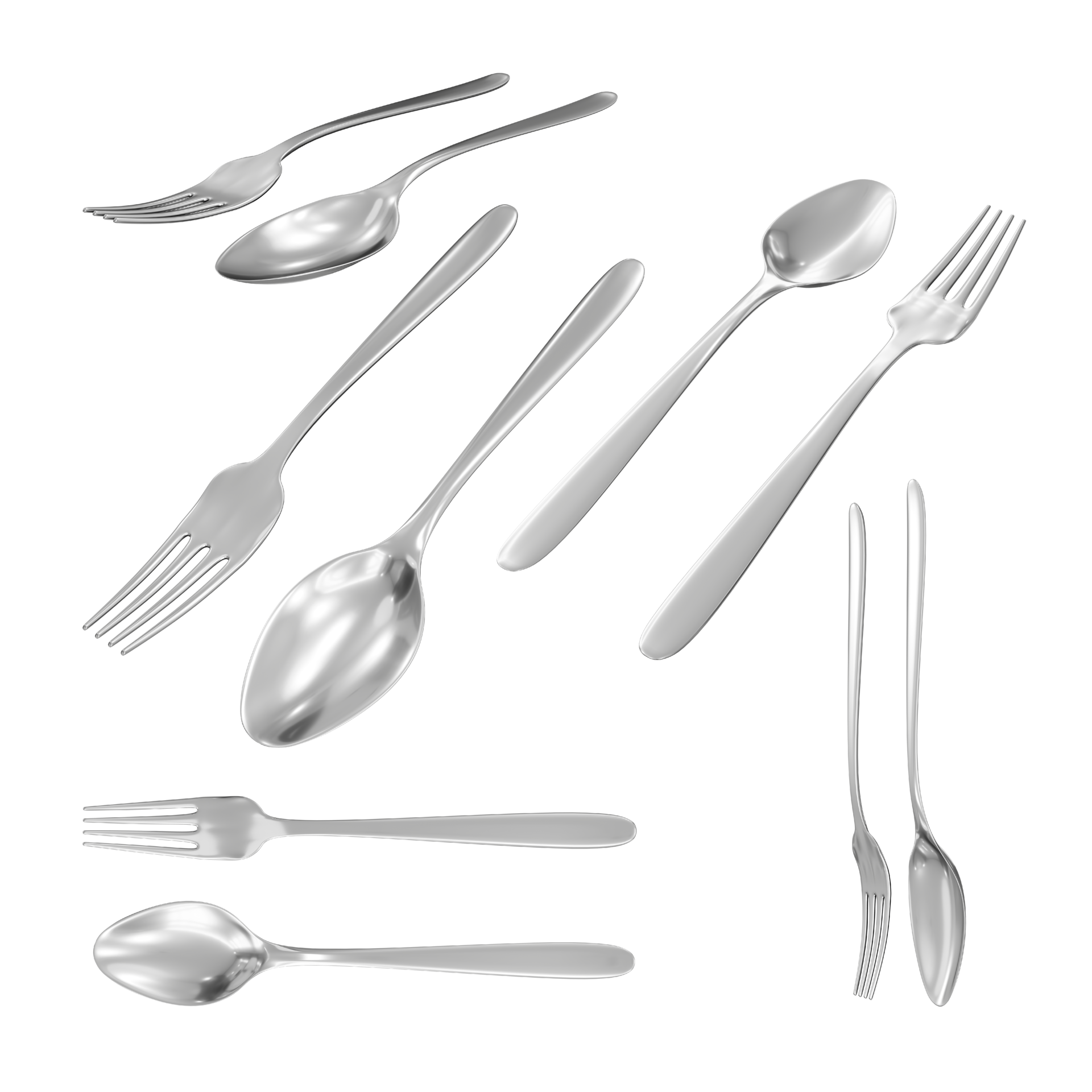 3d rendering of clean and shiny silver iron spoon and fork from various
