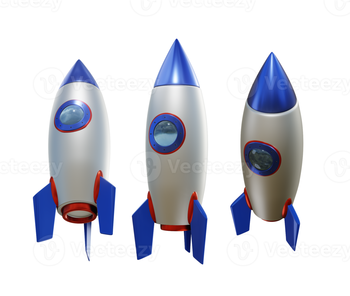 3d rendering of simple red blue metallic rocket from various perspective view png