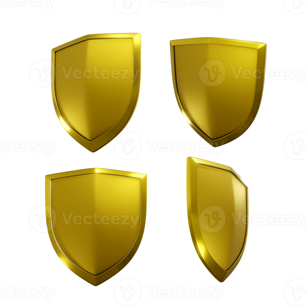 3d rendering of a shiny and glowing clean golden shield from multiple viewing angles png