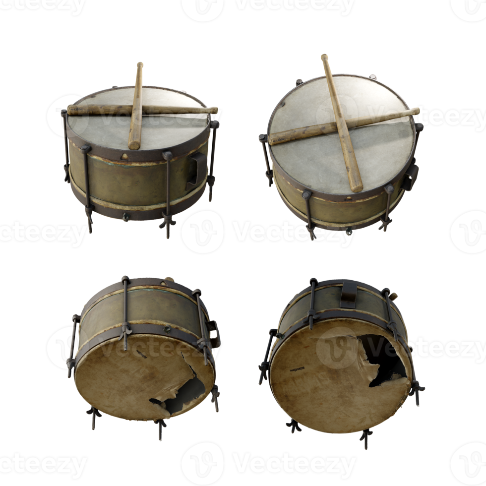 3d rendering of old brown drum broken and dirty from perspective view png