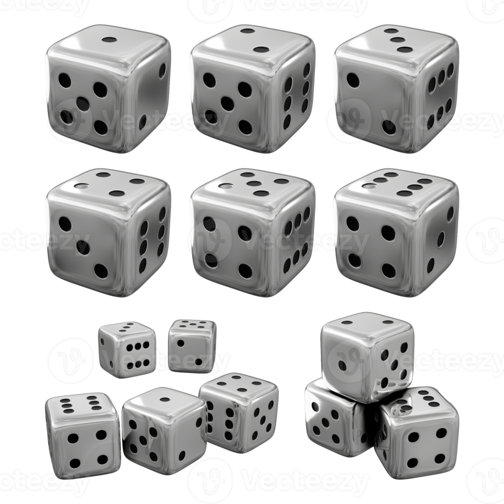 3d rendering of silver dice from multiple perspective view angle png