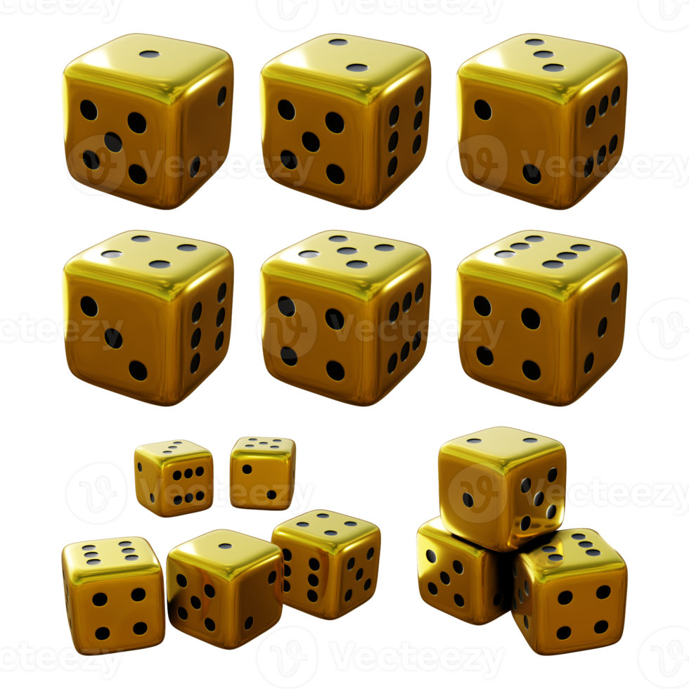 3d rendering of golden gold dice from multiple perspective view angle png
