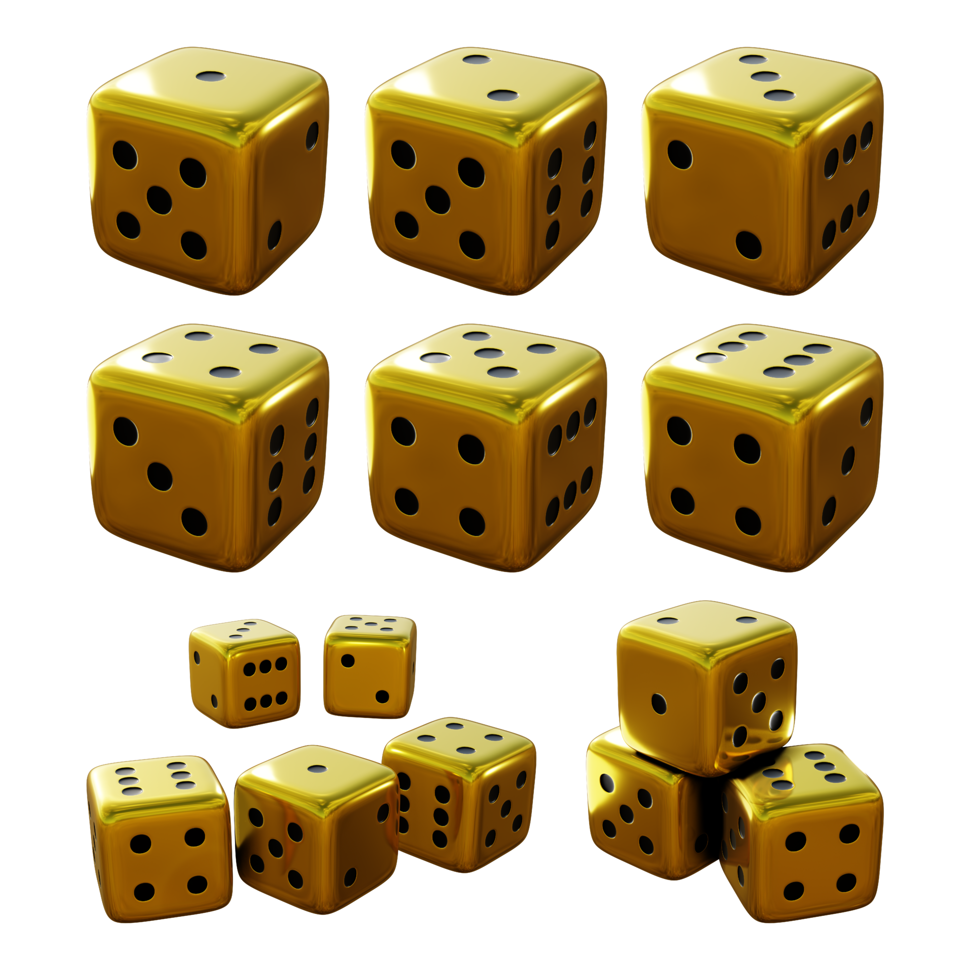 3d rendering of golden gold dice from multiple perspective view angle