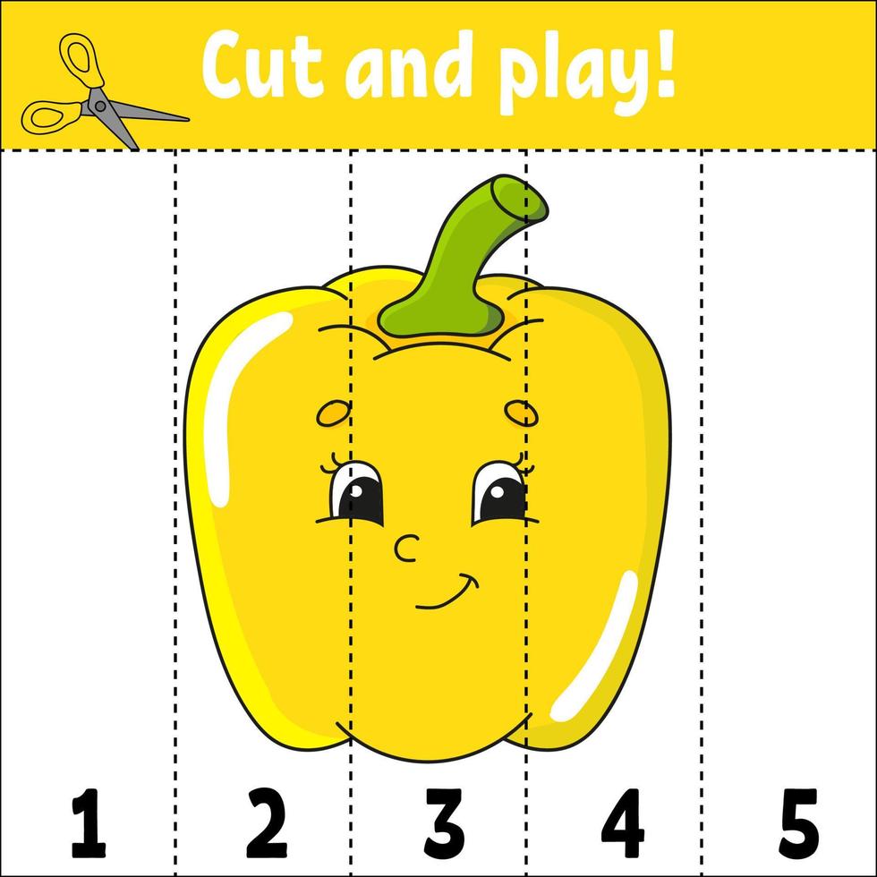 Learning numbers 1-5. Cut and play. Education worksheet. Game for kids. Color activity page. Puzzle for children. Riddle for preschool. Cartoon style. Vector illustration.