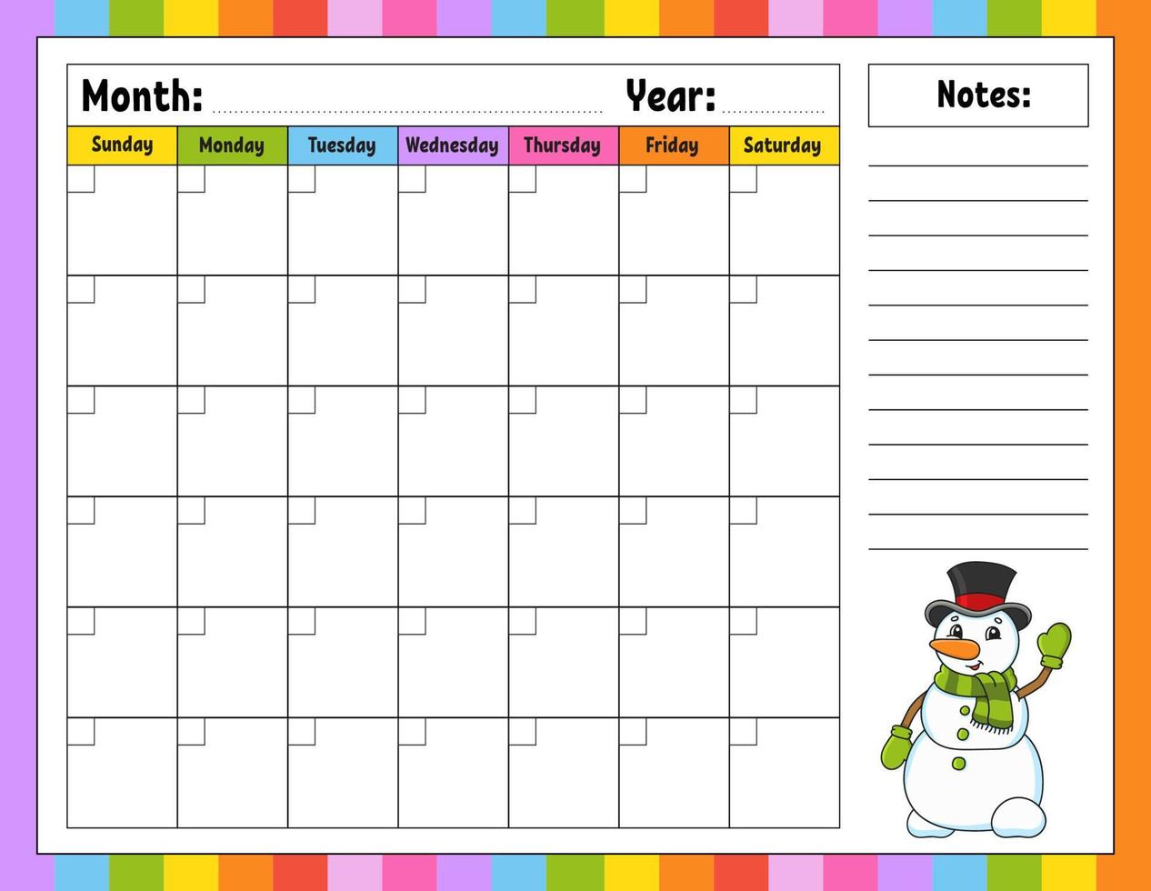Blank calendar template for one month without dates. Colorful design with a cute character. Vector illustration.