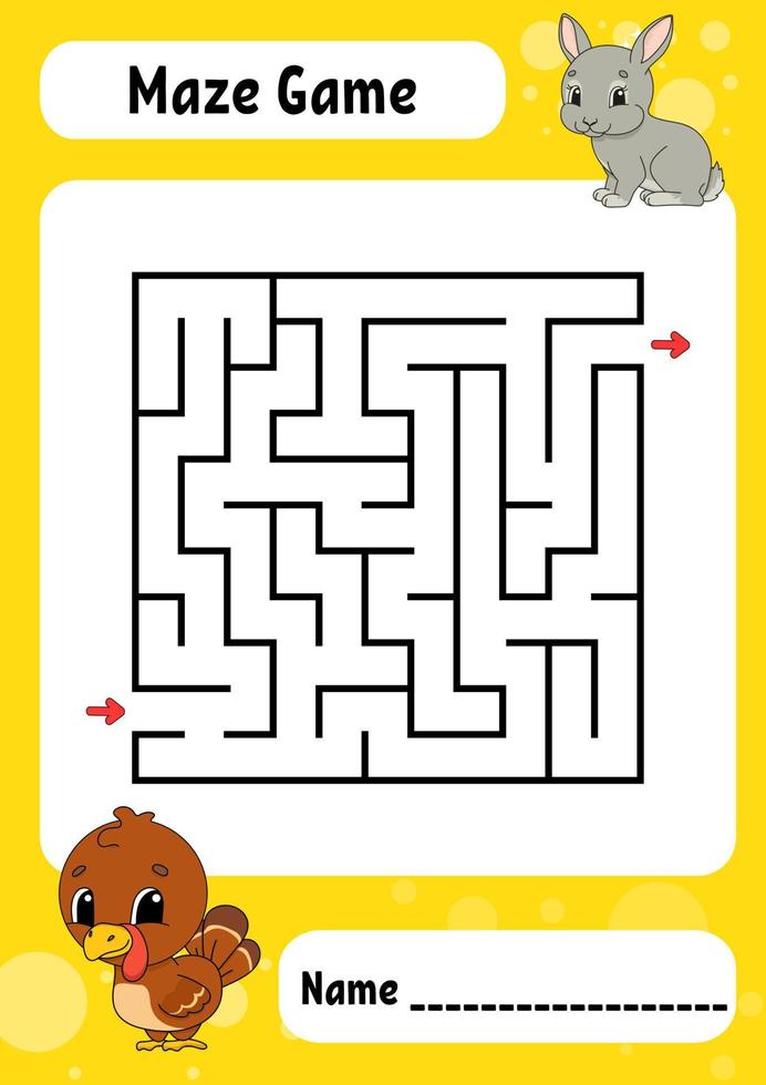 Square maze. Game for kids. Funny labyrinth. Education developing worksheet. Activity page. Puzzle for children. cartoon style. Riddle for preschool. Logical conundrum. Vector illustration.