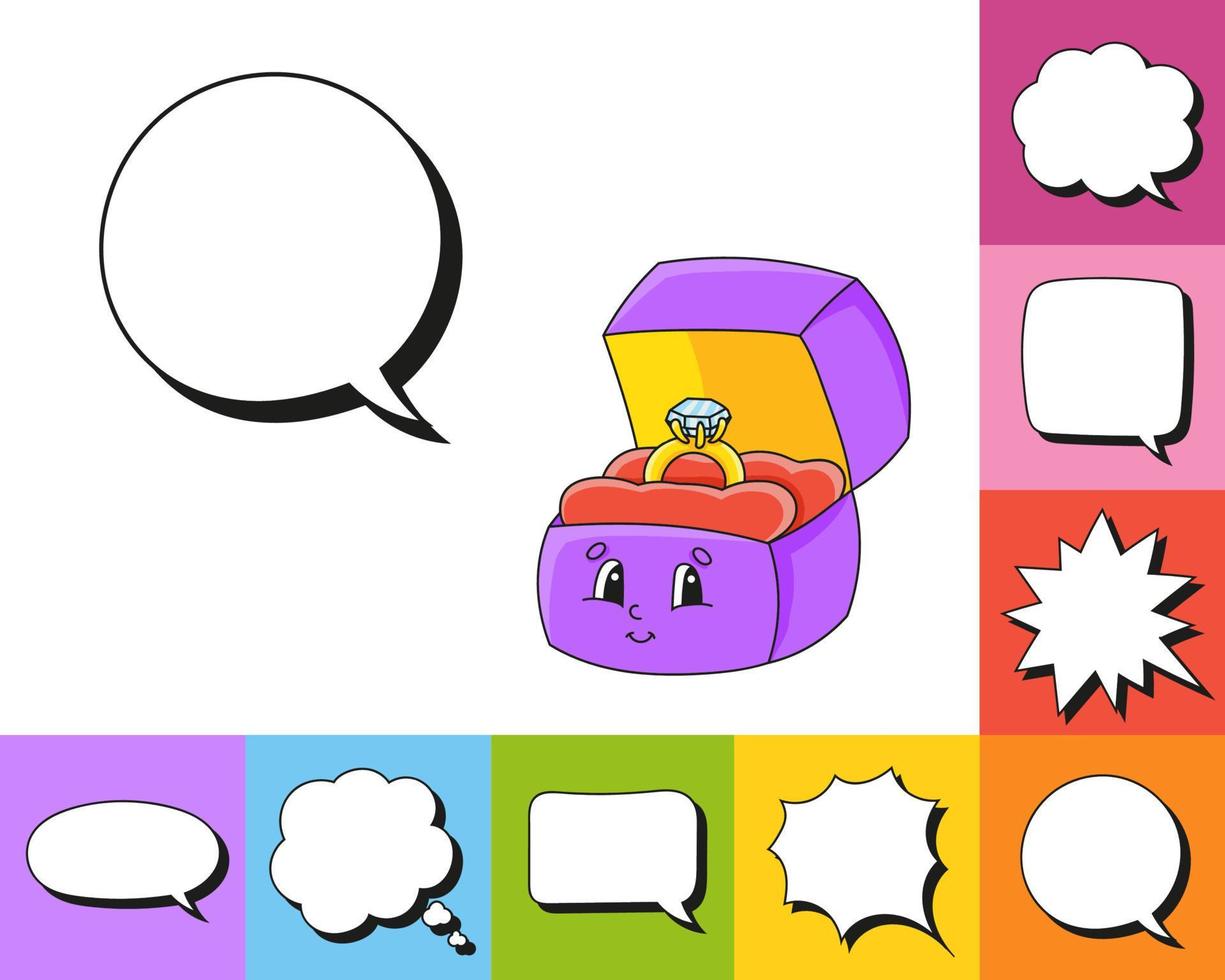 Speech bubble of different shape. With a cute cartoon character. Hand drawn. Thinking balloons. Isolated on white background. Vector illustration.